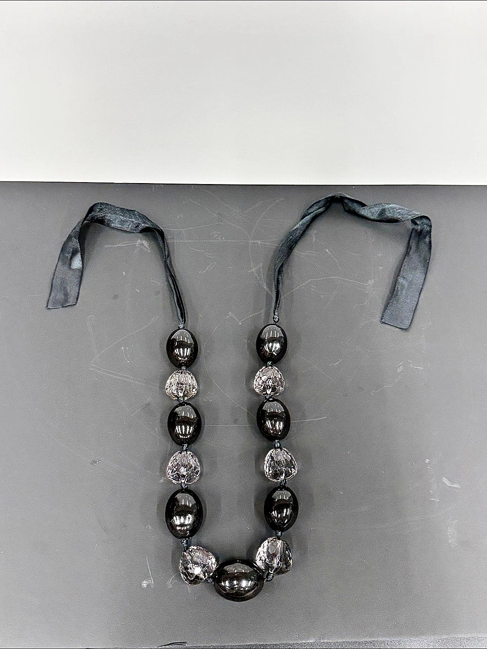 Large Black & Smoky Faceted Glass Statement Necklace – 18” – Ribbon Tie – 270g